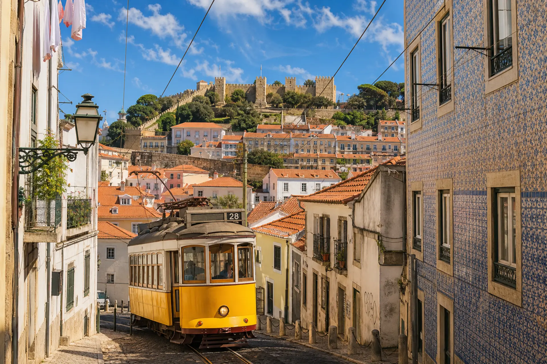 Lisabon - Alfama, tramvaj 28, Castelo São Jorge