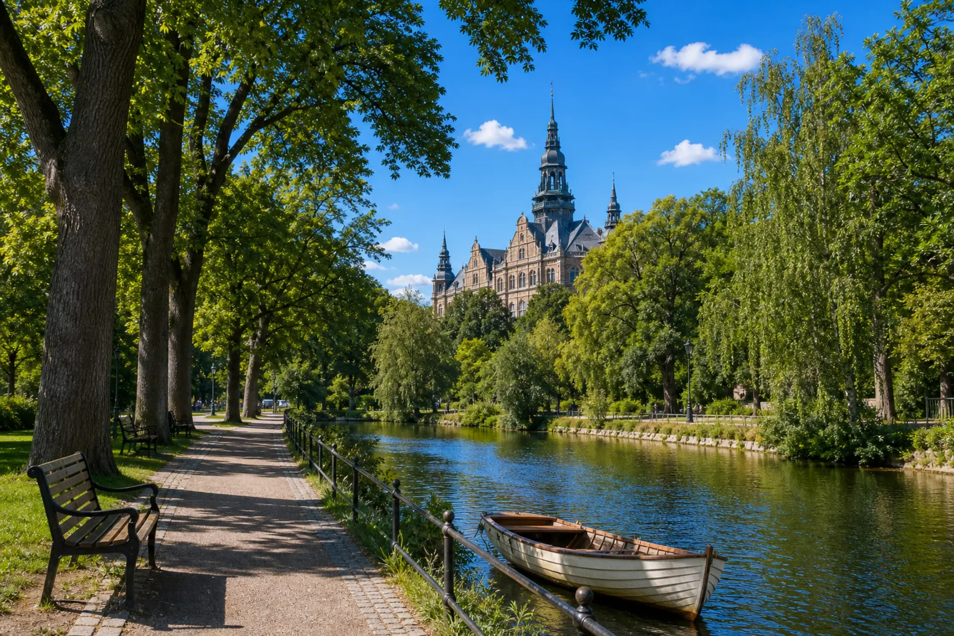 Zelené dubové aleje a vodní kanál na ostrově Djurgården ve Stockholmu